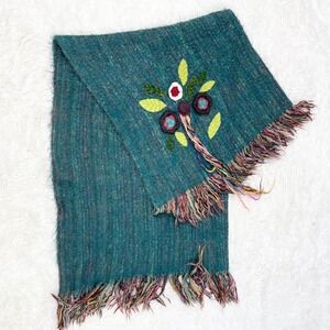 Pier 1 Imports Throw Blanket Teal Green Floral Embroidered Fringe Boho‎ Decor